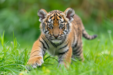 Naklejka na ściany i meble Curious Tiger Cub in Lush Green Surroundings: Adorable Young Feline Exploring with Curious Expression, Detailed Fur and Playful Paws amidst Verdant Wilderness