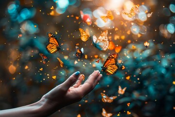 Single Hand Releasing Colorful Butterflies Symbolizing Transformation and Liberation, Embracing the Concept of Freedom and Change