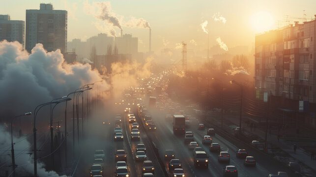 immagine che rappresenta l'inquinamento atmosferico nelle principali città, con visualizzazione dei principali inquinanti e delle relative fonti, come il traffico veicolare e le industrie