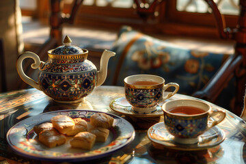 Fototapeta premium Persian tea set accompanied by sweets, intricate patterns on the cups, warm sunlight, cozy and inviting atmosphere