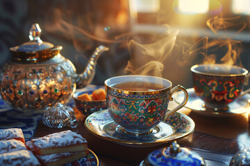Fototapeta premium Persian tea set accompanied by sweets, intricate patterns on the cups, warm sunlight, cozy and inviting atmosphere