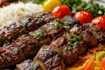 Succulent Persian Kebab Platter Close-Up: Vibrant Array of Juicy Meats, Fragrant Rice, and Fresh Herbs, Rich Colors and Detailed Textures Highlighting Culinary Delight