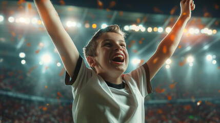 Young soccer player celebrating a goal, arms raised in victory, emotional crowd in the background, high energy - obrazy, fototapety, plakaty