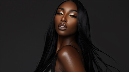 Portrait of Glamourous and Sensual Elegant Black Woman with Long Keratin Straightened Black Hair in Studio, Black Posh Beauty with Straight Hair.