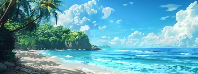 Fototapeta na wymiar A beautiful beach scene with palm trees and a clear blue ocean