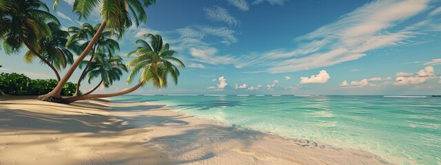 A beautiful beach scene with palm trees and a clear blue ocean