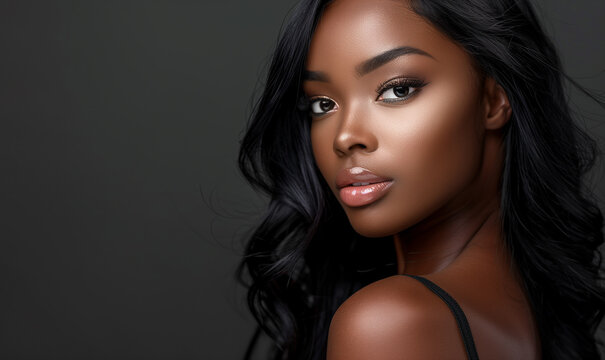 Portrait of Glamourous and Sensual Elegant Black Woman with Long Straightened Wavy Black Hair, African American Posh Female on Black Studio Background with Copy Space.