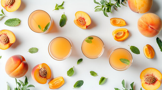 Fresh summer apricot juice on the marble table, selective focus image,Glasses of tasty peach juice on light background,Natural freshly made peach juice on light table, flat lay,


