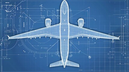 A vector illustration of an airplane blueprint depicting a top view seat map for both business and economy class, with white contour lines - obrazy, fototapety, plakaty