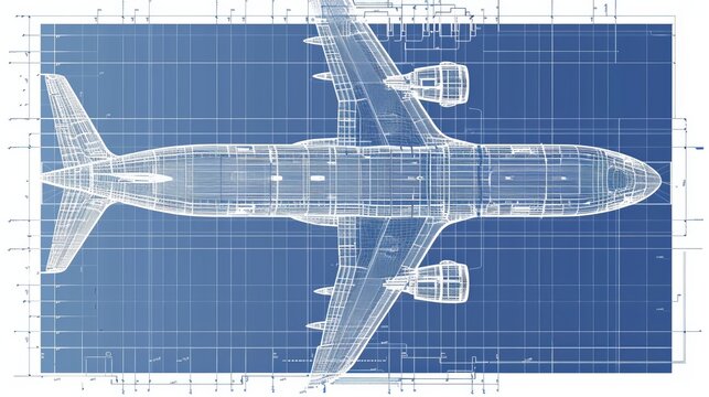 A vector illustration of an airplane blueprint depicting a top view seat map for both business and economy class, with white contour lines