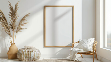 Mockup poster frame close up and accessories decor in cozy white interior background