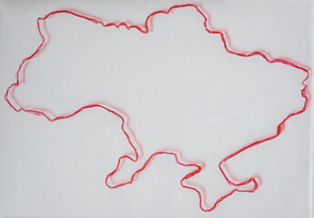 Ukrainian Map. Outline Map on the Glass Surface. Red Line.  Shadows. Copy Space. 