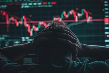 Anxious Investor Observing Computer Screen Showing Declining Cryptocurrency Charts, Illustrating the Concept of Financial Stress in a Volatile Market - obrazy, fototapety, plakaty