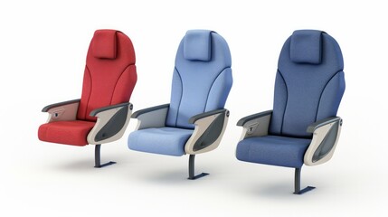 Aircraft interior armchair, portrayed in various angles, isolated on a white background. This 3D illustration showcases different views of the airplane seat