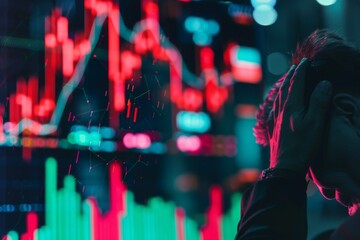 Stressed Investor Analyzing Cryptocurrency Charts on Computer Screen, portraying Chaos and Uncertainty Concept