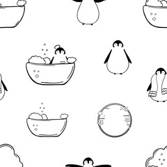 Funny penguin taking bath seamless pattern. Taking bath doodle - 750112992