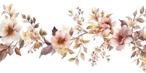 A panoramic watercolor illustration featuring a seamless border of pastel flowers and dark foliage, perfect for wallpapers and textile design..