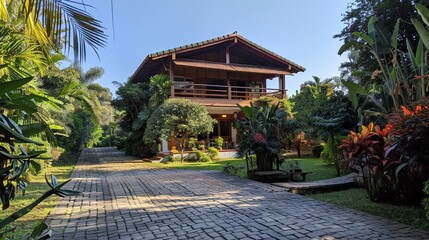 a house with a large lawn and trees in the background - obrazy, fototapety, plakaty