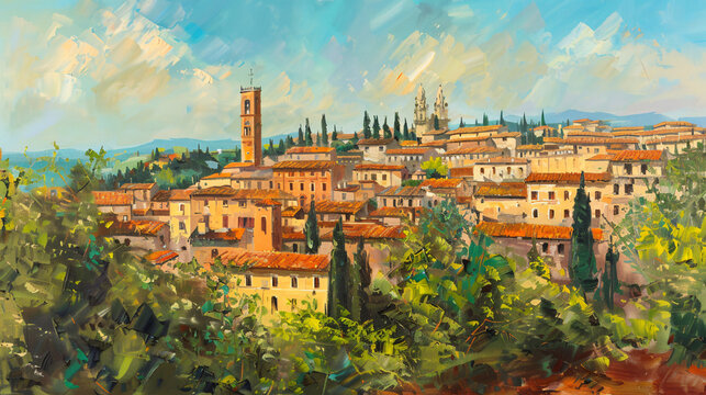 Panorama of Italian summer cityscape. Oil painting of old city center.