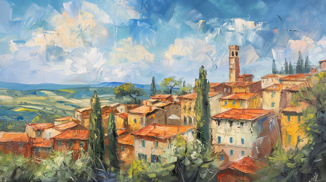 Panorama of Italian summer cityscape. Oil painting of old city center.