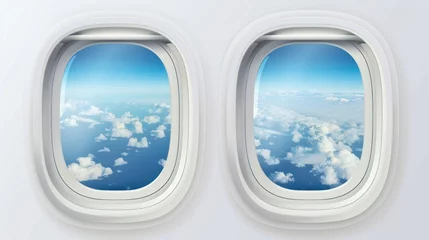 Fotobehang Vector illustration of an airplane window template showing both the inside and outside views, featuring a transparent glass pane © Orxan