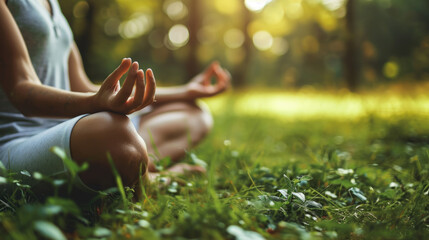 Close-up of a person sitting cross-legged on the grass in a meditative pose, surrounded by a...