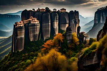 sunset over the mountains, Embark on a journey to the mystical monasteries suspended over the ancient rocks of Meteora, Greece - obrazy, fototapety, plakaty