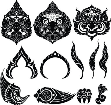 Thai Art Motif with Garuda Heads and Other Artistic Features Elements in Silhouette style