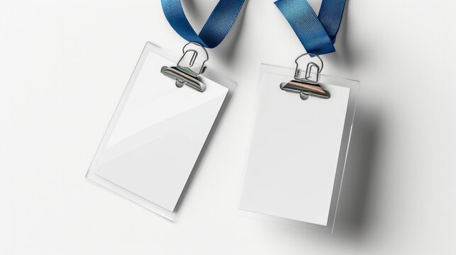 A blank badge mockup isolated on white, featuring an empty name tag hanging on a neck with a string, including a blue ribbon and transparent plastic paper holder, suitable for corporate designs