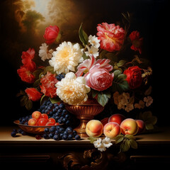 Colorful garden flowers bouquet in vintage vase and fruits. Oil painting illustration in Dutch still life masterpieces style.