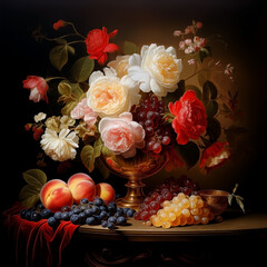 Obraz na płótnie Canvas Colorful garden flowers bouquet in vintage vase and fruits. Oil painting illustration in Dutch still life masterpieces style.
