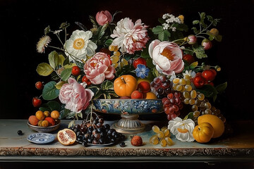 Obraz na płótnie Canvas Colorful garden flowers bouquet in vintage vase and fruits. Oil painting illustration in Dutch still life masterpieces style.