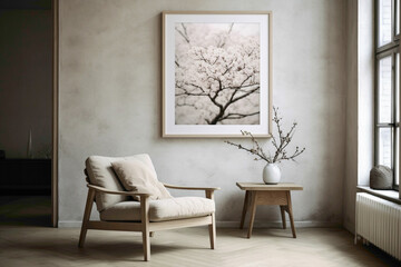 Nordic chic in a living space featuring a lone chair, botanical element, and an open frame for text.