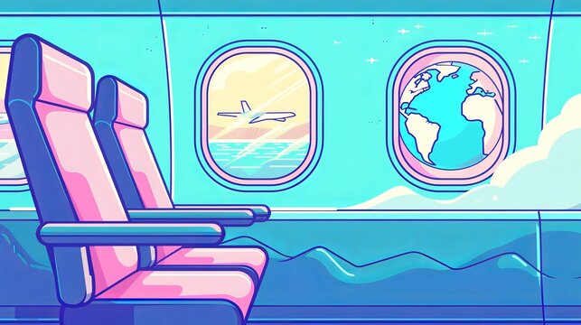 Vector background featuring airline travel, business trips, and vacation journeys, with illustrations of cabin seats, airplane windows, airliner jets, and a linear icon of a world globe