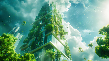 Green skyscraper and modern architecture in Milan, urban ecological design with nature, futuristic cityscape