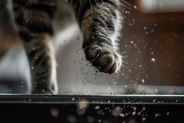 Fotobehang Detailed Close-Up of Cat's Paw Playfully Flicking Litter, Showing Texture of Litter and Fur, Blurry Home Interior Background Adding Playful Chaos Concept © Exotic Escape