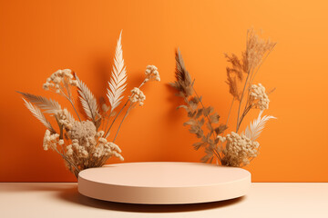 Empty concrete podium with dry plant and beautiful shadows on orange background. Platform for presentation for cosmetics and perfumes. Trending concept in natural materials