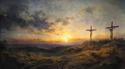 Celestial Peace: Sacred Landscape at Sunset with Three Crosses, Reflective Symbol of the Crucifixion.
