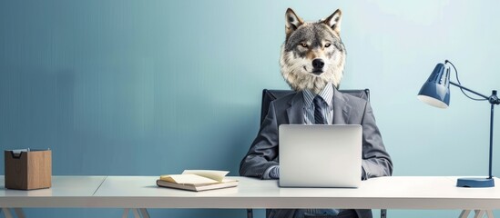 Portrait of anthropomorphic wolf wearing business attire in office. copy space. generative AI image - obrazy, fototapety, plakaty