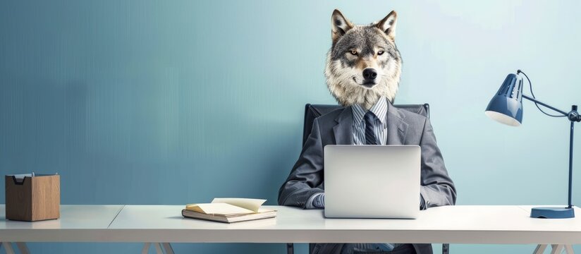 Portrait of anthropomorphic wolf wearing business attire in office. copy space. generative AI image