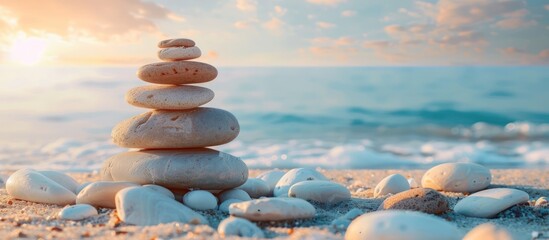Stone tower Pebbles on the beach symbolize the balance of zen harmony. generative AI image - obrazy, fototapety, plakaty