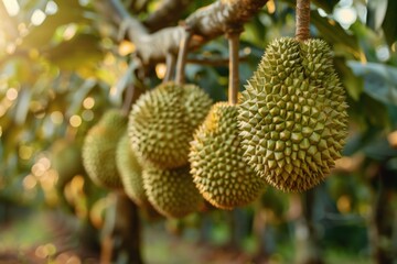 Durian fruit hanging from trees in orchard. A cluster of spiky durian fruits dominates the foreground, with a lush tropical farm landscape and mountains in the soft-focus background.