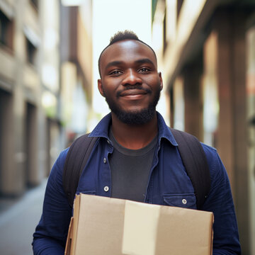 portrait of Courier and Messenger, who Pick up and carry messages, documents, packages, and other items between offices or departments within an establishment or to other business concerns