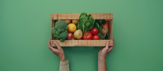 Top view of hand holding wooden box with fresh vegetables on green background. Copy space