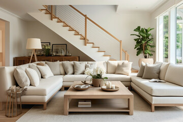 Elegant living room with a beige staircase, Scandinavian design elements, and a wood table surrounded by comfortable sofas, captured in HD.