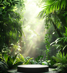 Fototapeta premium Podium pedestal in tropical forest garden green plants, Mock up