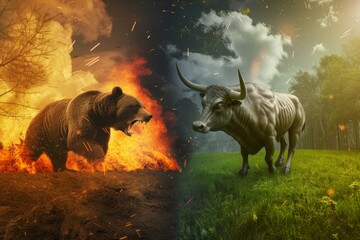 Realistic Illustration of Contrast: Bear Roaring in Burning Forest vs Bull Charging Across Green Meadow, Depicting Market Volatility Concept