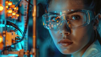 Young female scientist concentrating on innovative robotic technology in a high-tech laboratory. - obrazy, fototapety, plakaty