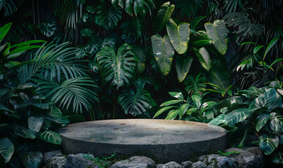 Podium pedestal in tropical forest garden green plants, Mock up
