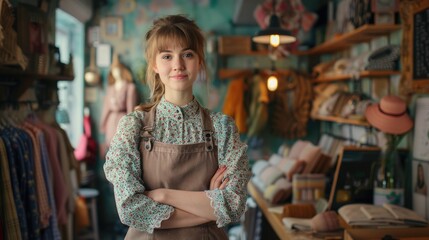 A charming shop owner stands with crossed arms, surrounded by an assortment of vintage items in her quaint boutique.